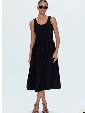 Alessia Dress Pistola Smocked Bodice Drop Waist Pockets Midi Black Cotton Size L